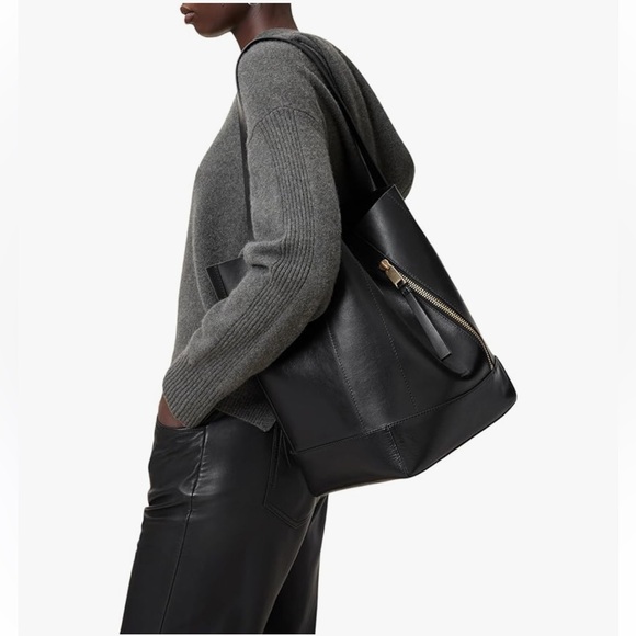 All Saints Handbags - All Saints Black Leather Tote with Gold Zipper